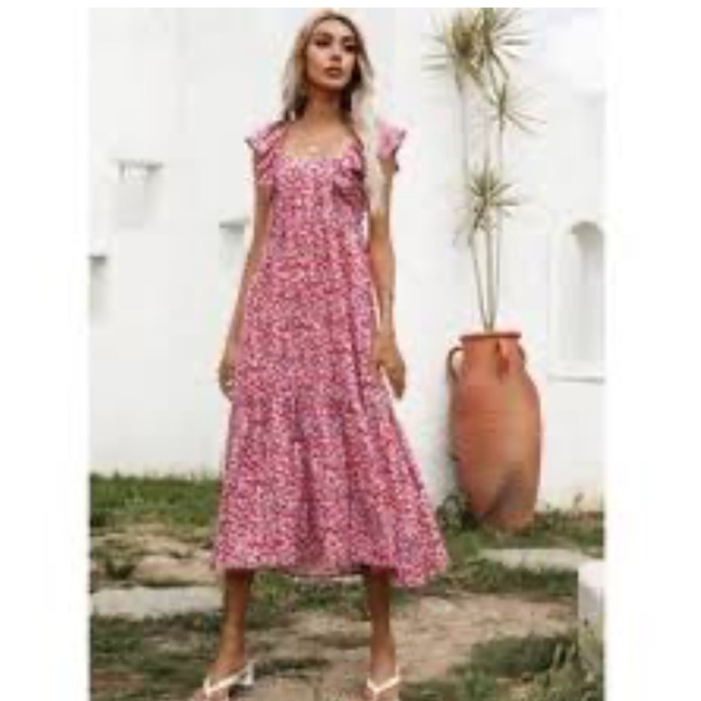 Zara floral print midi dress ruffle shoulders, size Large